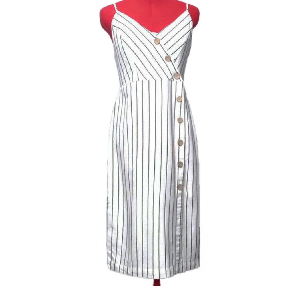 Forever 21 White Dress With Thin Black Stripes And Buttons US M